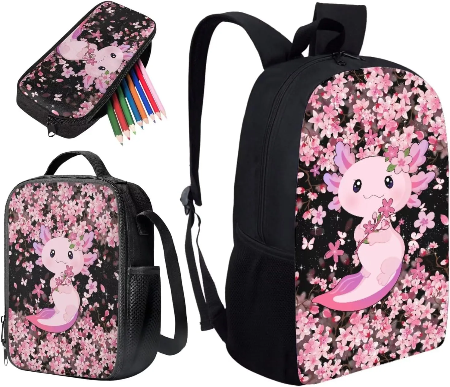 Babrukda Boys Girls School Book Bags Set Axolotl Cherry Blossoms Pink Bookbag with Pen Case Thermal Lunch Box 3 Pieces Set Teens Kids Backpack Casual Daypack Lightweight for Grade 1 2Nd Grade 3Rd