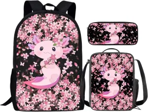 Babrukda Boys Girls School Book Bags Set Axolotl Cherry Blossoms Pink Bookbag with Pen Case Thermal Lunch Box 3 Pieces Set Teens Kids Backpack Casual Daypack Lightweight for Grade 1 2Nd Grade 3Rd