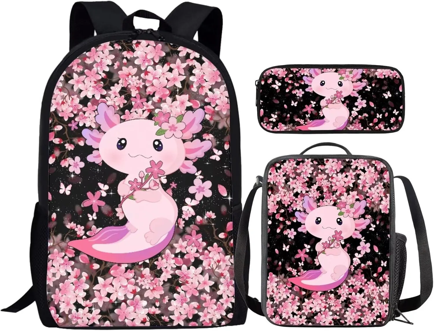 Babrukda Boys Girls School Book Bags Set Axolotl Cherry Blossoms Pink Bookbag with Pen Case Thermal Lunch Box 3 Pieces Set Teens Kids Backpack Casual Daypack Lightweight for Grade 1 2Nd Grade 3Rd