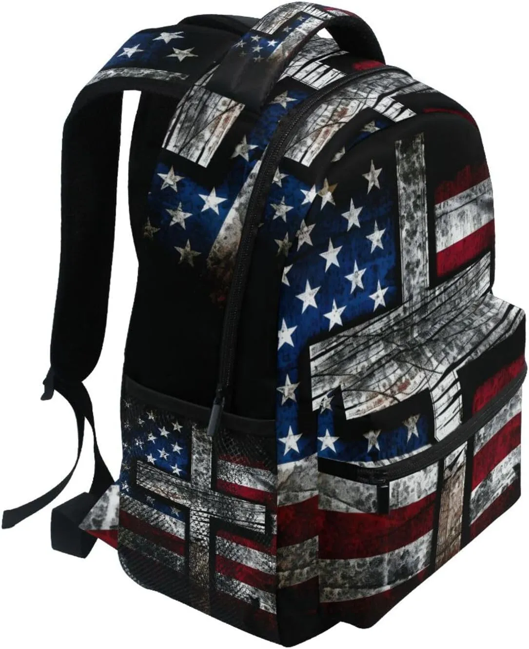 Backpack Black Cross American Flag Daypack Shoulder Bag Book Bag Lightweight Back Pack with Reflective Strip Travel Laptop Daypack 12 ×16.9 In