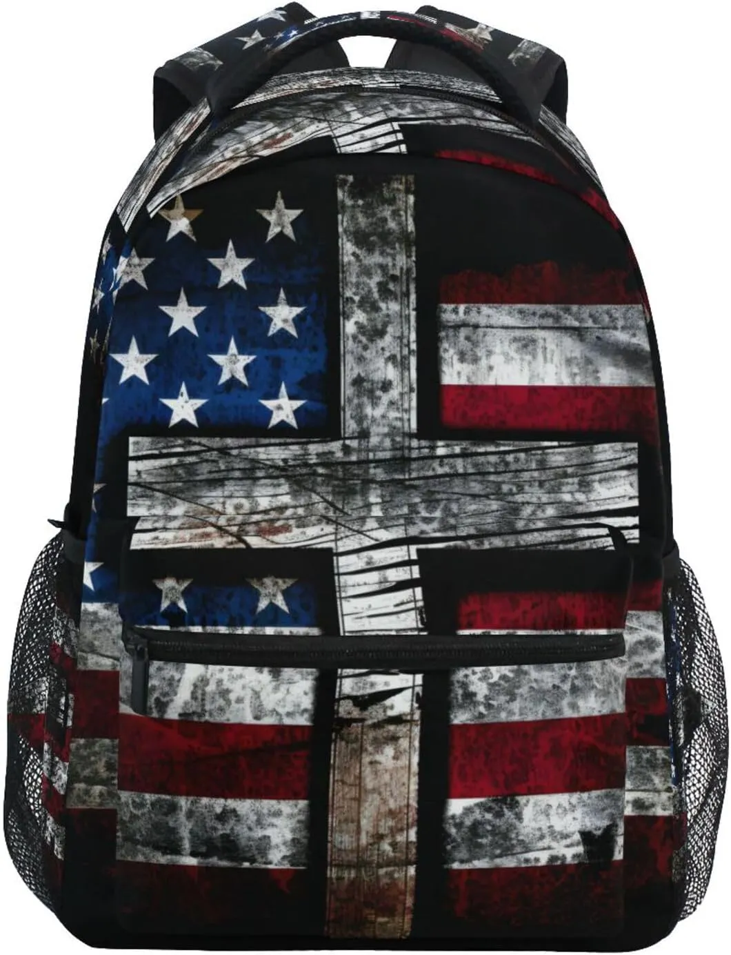 Backpack Black Cross American Flag Daypack Shoulder Bag Book Bag Lightweight Back Pack with Reflective Strip Travel Laptop Daypack 12 ×16.9 In