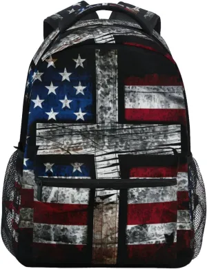 Backpack Black Cross American Flag Daypack Shoulder Bag Book Bag Lightweight Back Pack with Reflective Strip Travel Laptop Daypack 12 ×16.9 In