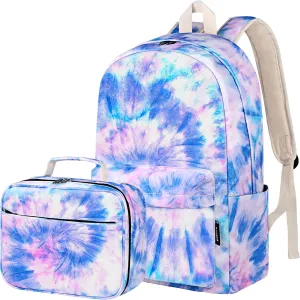 Backpack for Girls, School Bookbag for Teens Lightweight 2 In 1 Girls Backpack with Lunch Box Set Travel Laptop Backpack Casual Daypacks (Tie-Dye Blue Purple)