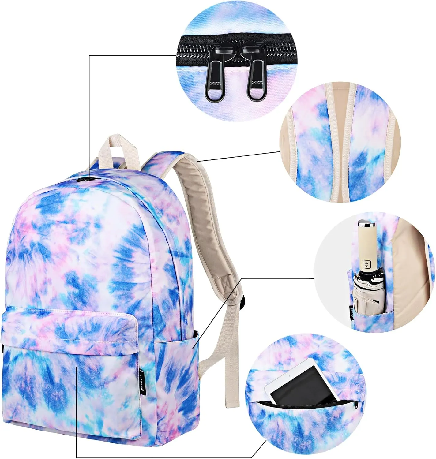 Backpack for Girls, School Bookbag for Teens Lightweight 2 In 1 Girls Backpack with Lunch Box Set Travel Laptop Backpack Casual Daypacks (Tie-Dye Blue Purple)