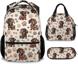 Backpack for Kids, Cute Dachshunds Backpack with Lunch Box for Boys Girls, 17 Inch Dog 3 in 1 Bookbag Set for Elementary Middle