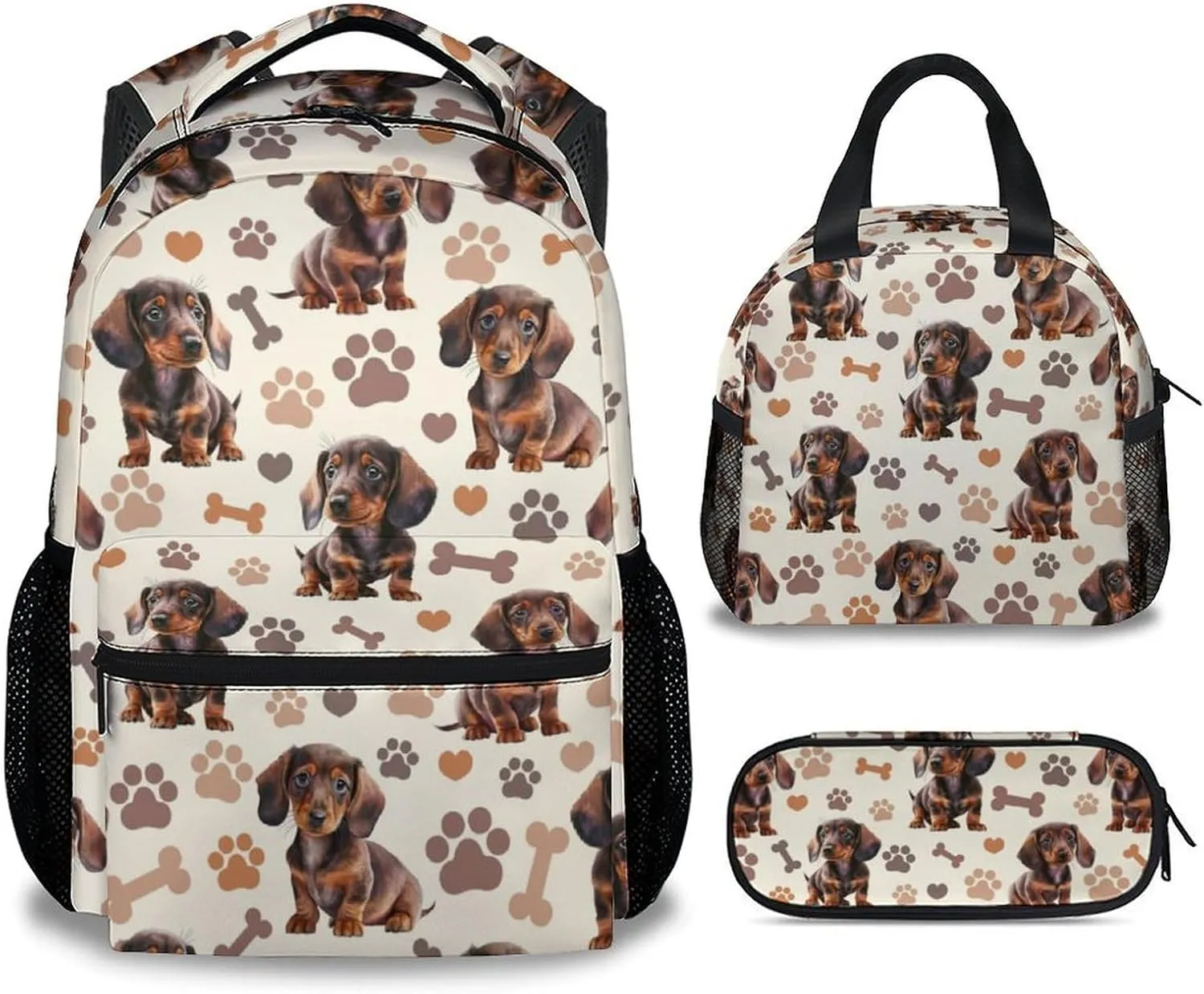 Backpack for Kids, Cute Dachshunds Backpack with Lunch Box for Boys Girls, 17 Inch Dog 3 in 1 Bookbag Set for Elementary Middle
