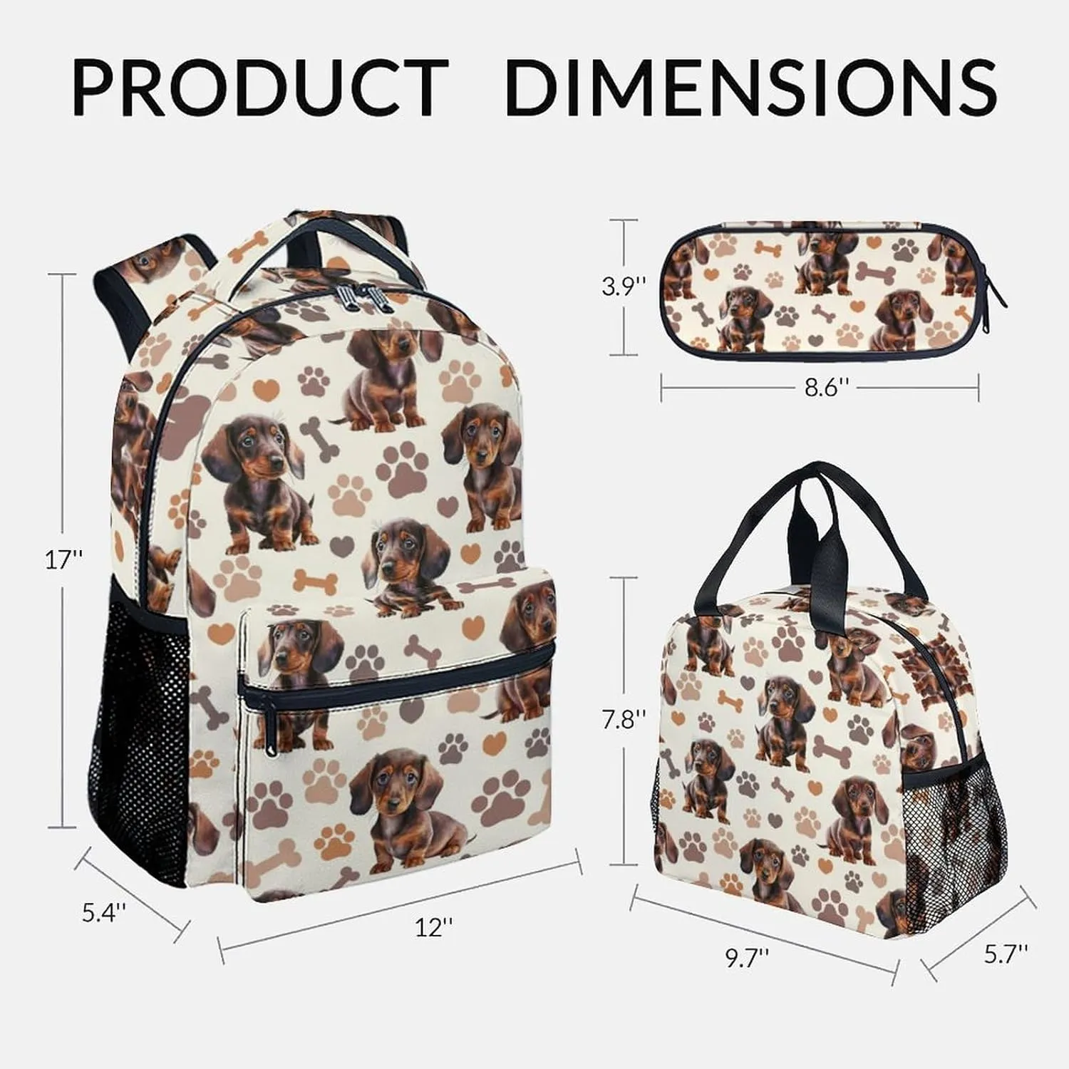 Backpack for Kids, Cute Dachshunds Backpack with Lunch Box for Boys Girls, 17 Inch Dog 3 in 1 Bookbag Set for Elementary Middle