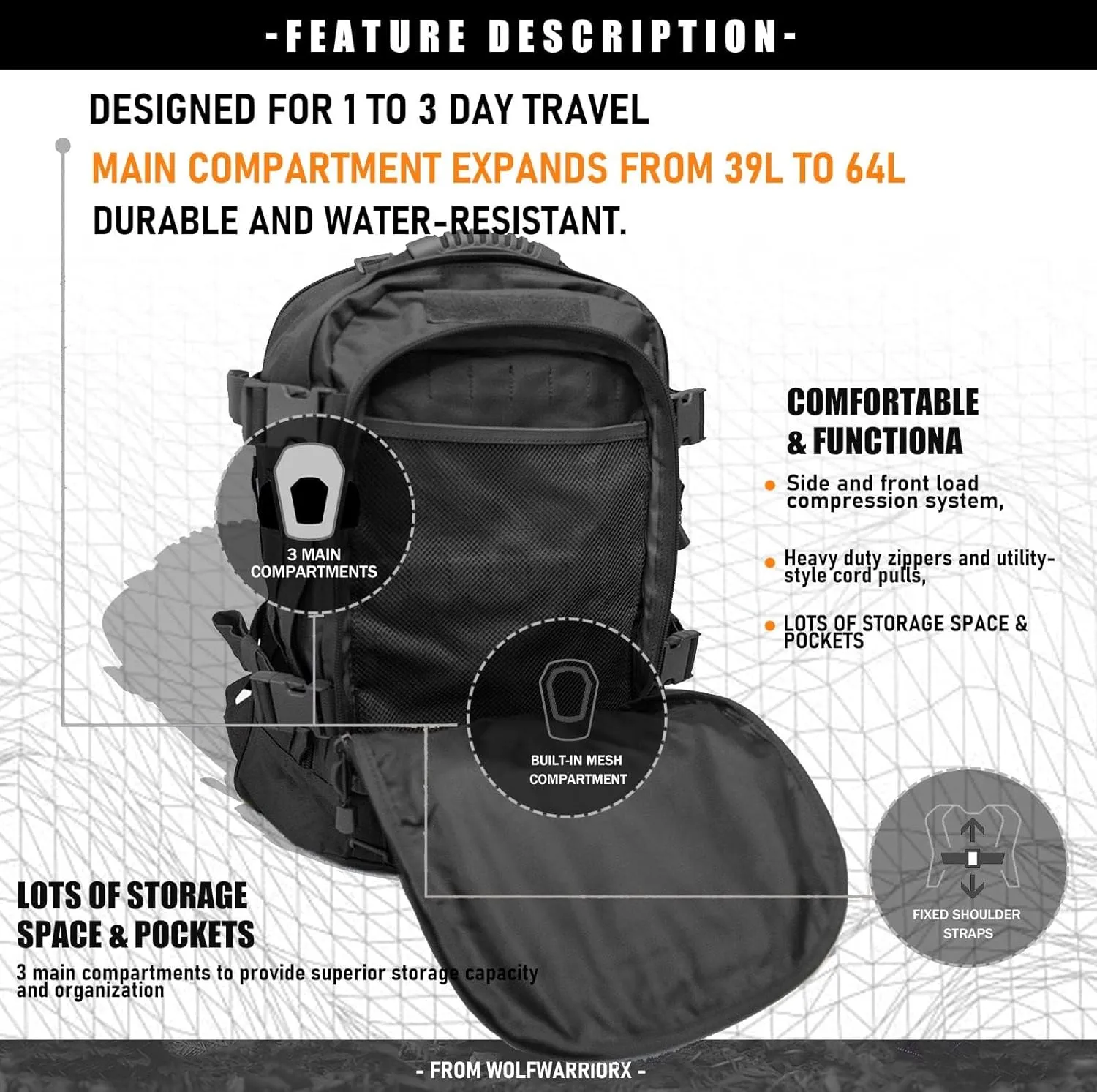 Backpack for Men 3 Day Pack for Hiking Camping Travel