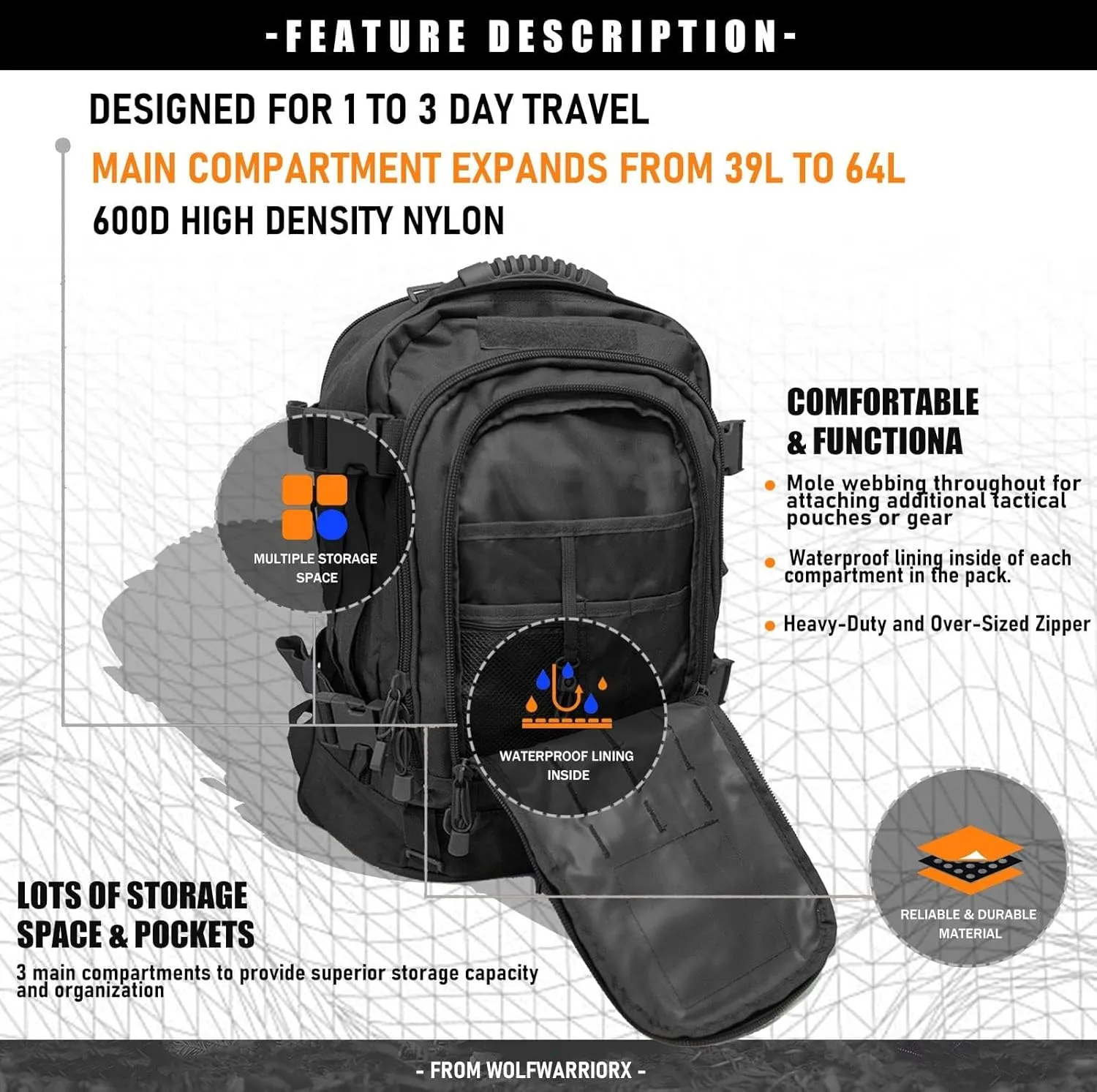 Backpack for Men 3 Day Pack for Hiking Camping Travel