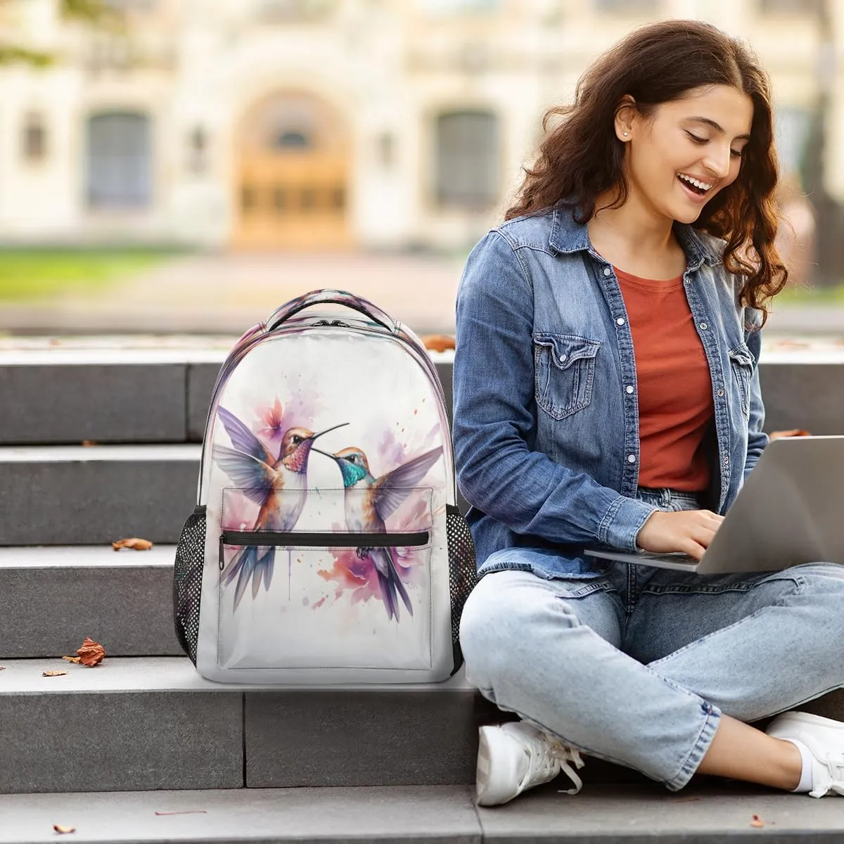 Backpack for Women Men, Watercolor Birds Casual Backpacks, Waterproof Lightweight Hummingbird Daypack Bags for Travel Camping Work