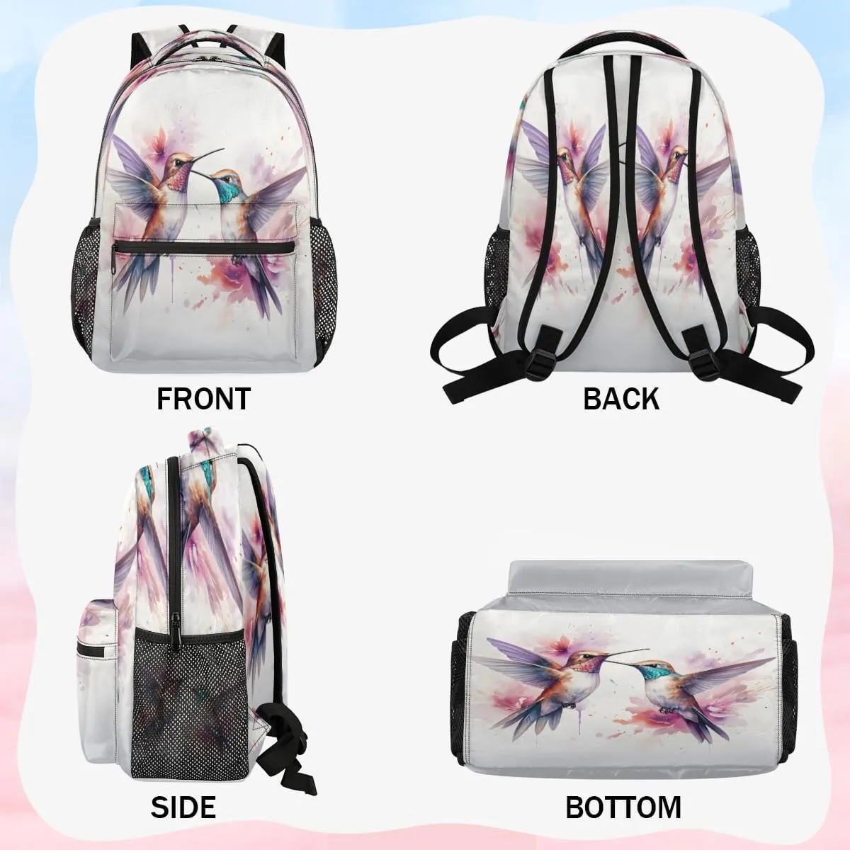 Backpack for Women Men, Watercolor Birds Casual Backpacks, Waterproof Lightweight Hummingbird Daypack Bags for Travel Camping Work