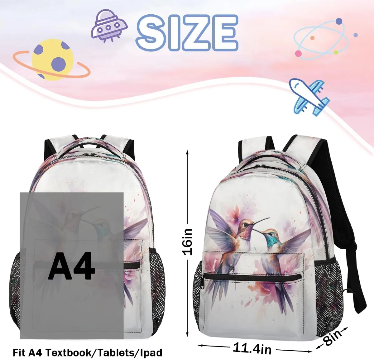 Backpack for Women Men, Watercolor Birds Casual Backpacks, Waterproof Lightweight Hummingbird Daypack Bags for Travel Camping Work
