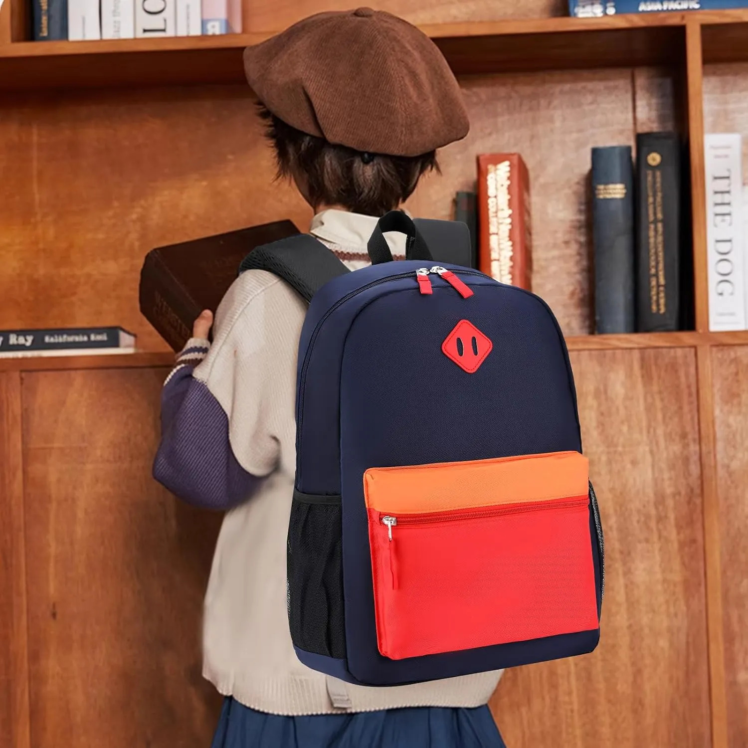 Backpack Set for Girls Boy Kids Backpack with Lunch Box for Elementary Primary Kindergarten School Bag (Navy Red Set, Large)
