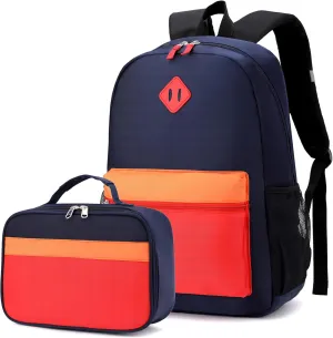 Backpack Set for Girls Boy Kids Backpack with Lunch Box for Elementary Primary Kindergarten School Bag (Navy Red Set, Large)