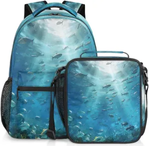 Backpack with Lunch Box Seabed Animal Travel Backpack Bookbag & Lunch Bag Insulated Lunchbox Waterproof Daypack Laptop Backpack Freezable Lunch Bag