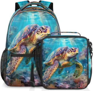 Backpack with Lunch Box Seabed Turtle Travel Backpack Bookbag & Lunch Bag Insulated Lunchbox Waterproof Daypack Laptop Backpack Freezable Lunch Bag