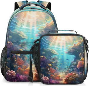 Backpack with Lunch Box Seabed World Travel Backpack Bookbag & Lunch Bag Insulated Lunchbox Waterproof Daypack Laptop Backpack Freezable Lunch Bag