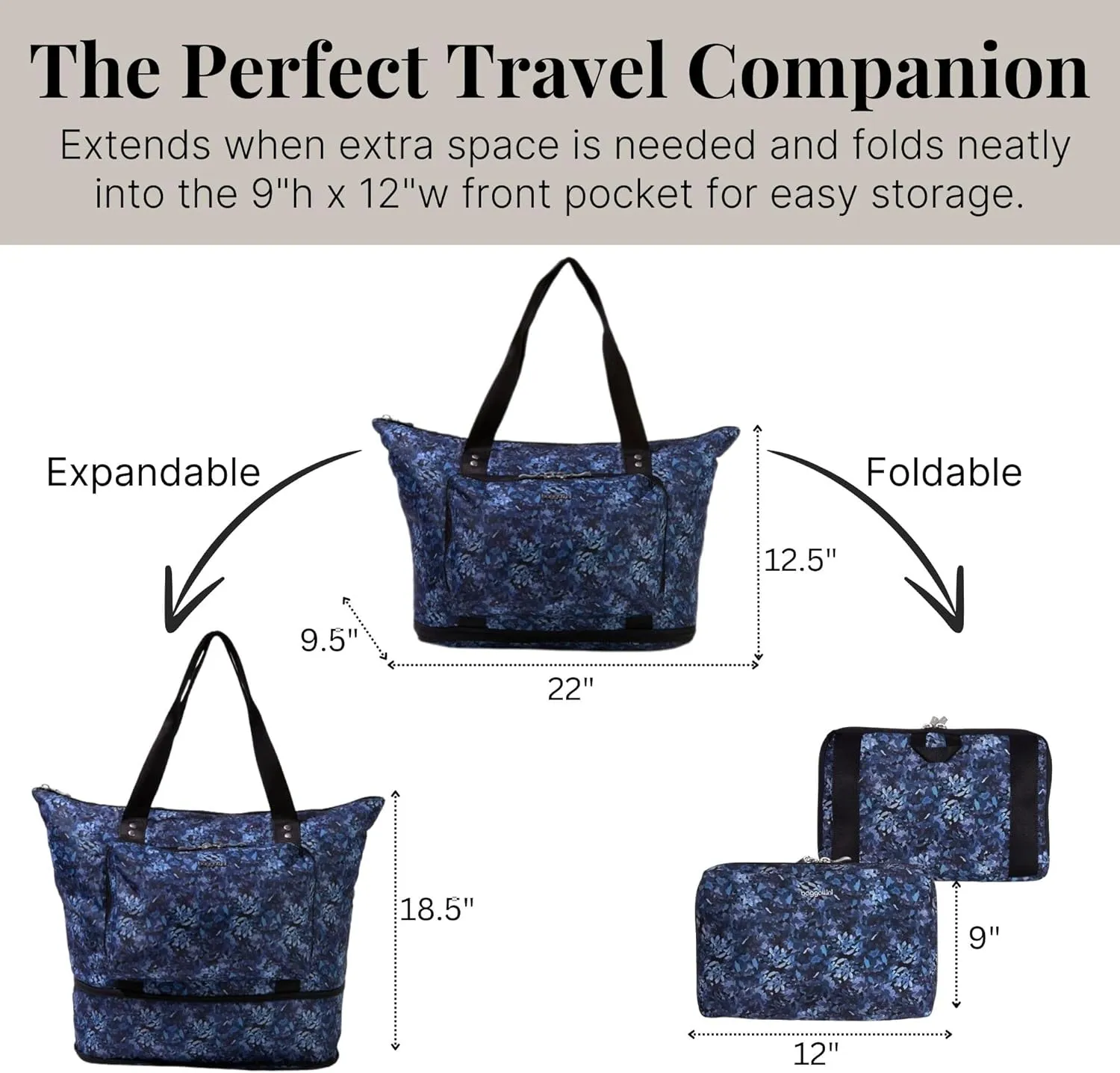 Baggallini Carryall Expandable Lightweight Travel Tote 22" Packable Folding Compact Nylon Washable Weekender w/Luggage Sleeve