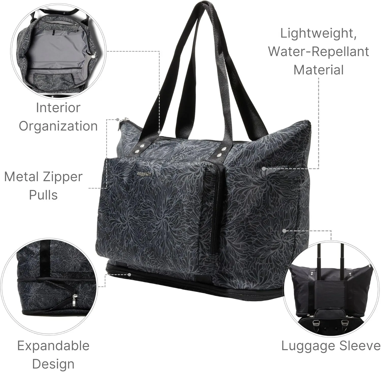 Baggallini Carryall Expandable Lightweight Travel Tote 22" Packable Folding Compact Nylon Washable Weekender w/Luggage Sleeve