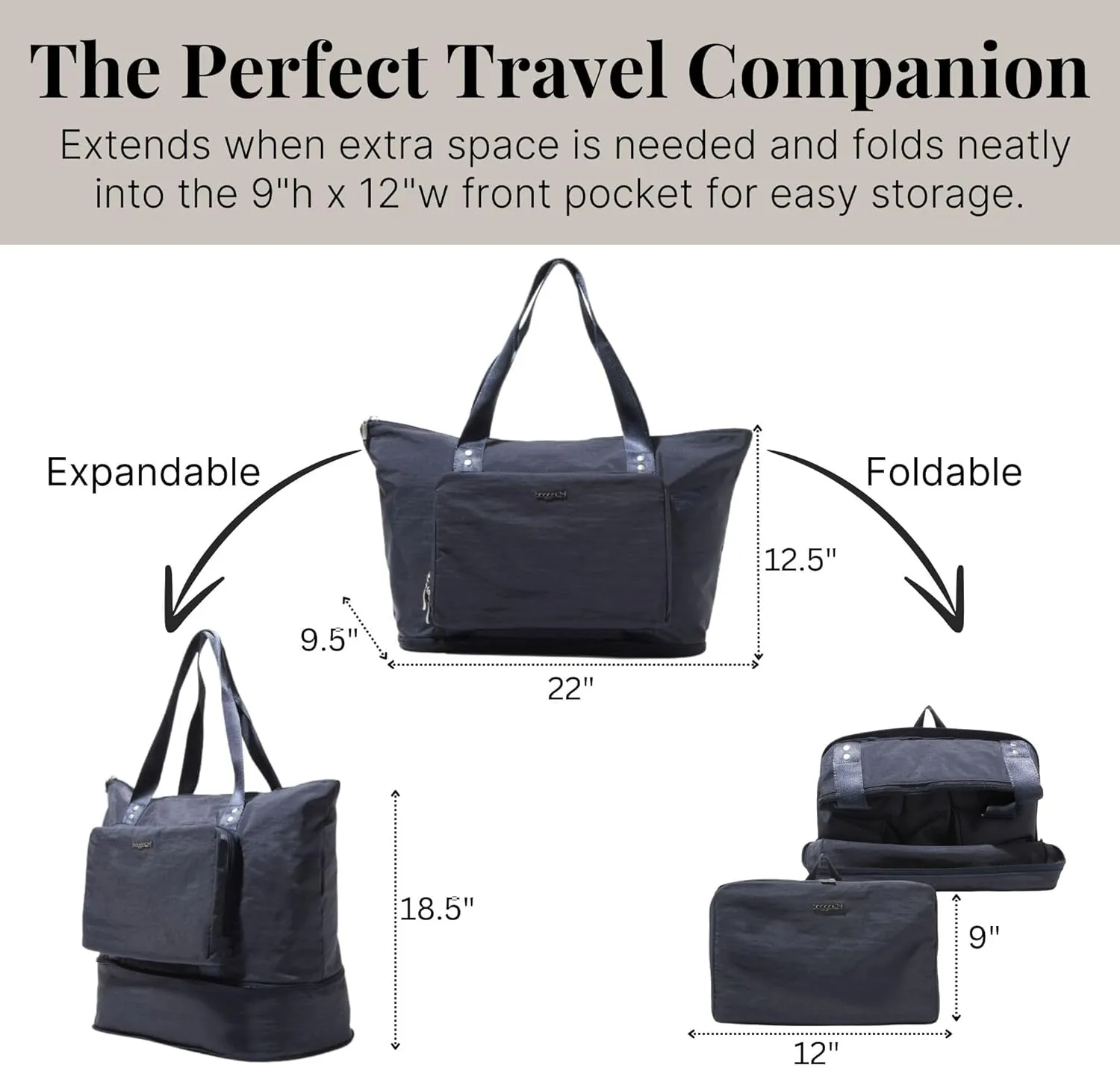 Baggallini Carryall Expandable Lightweight Travel Tote 22" Packable Folding Compact Nylon Washable Weekender w/Luggage Sleeve