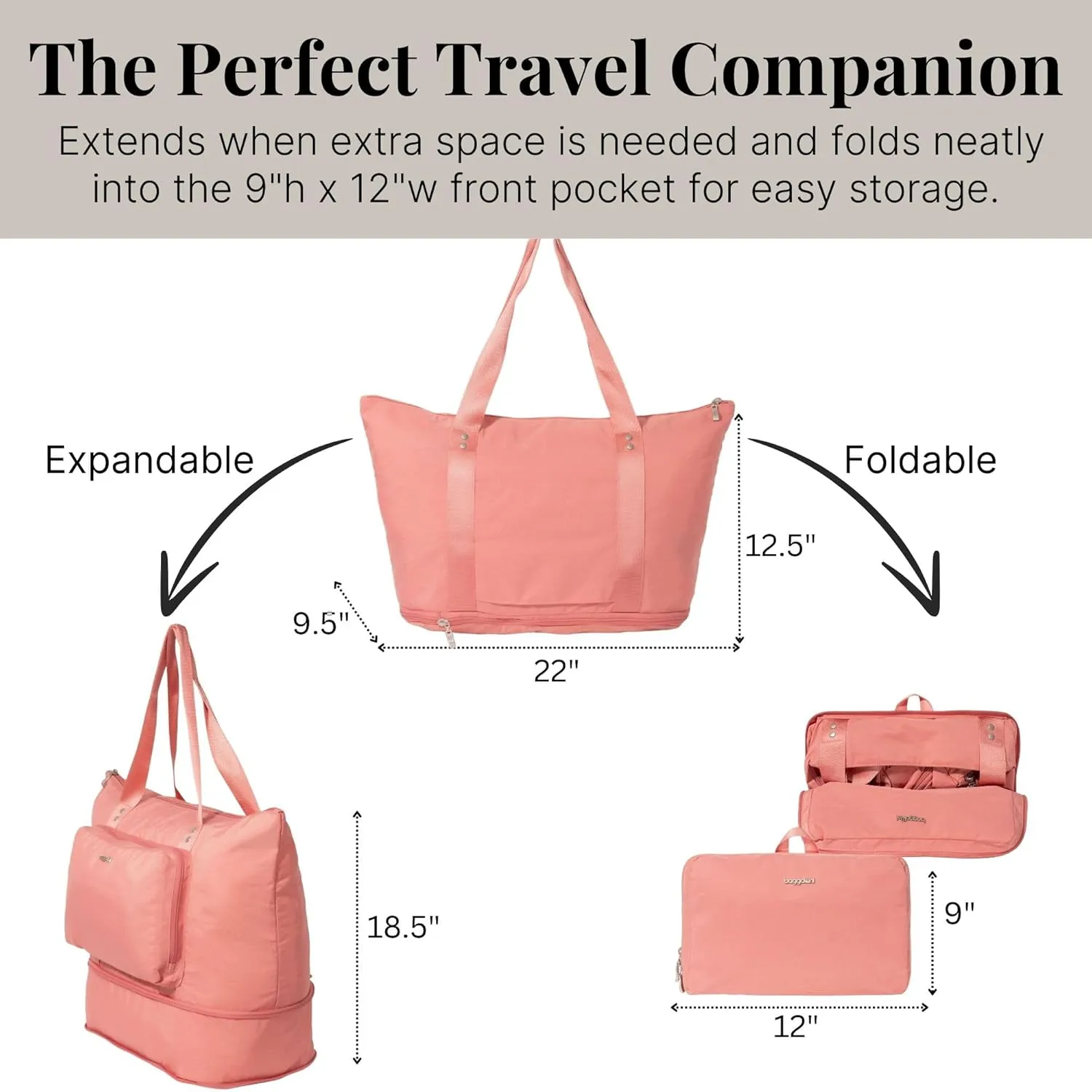Baggallini Carryall Expandable Lightweight Travel Tote 22" Packable Folding Compact Nylon Washable Weekender w/Luggage Sleeve