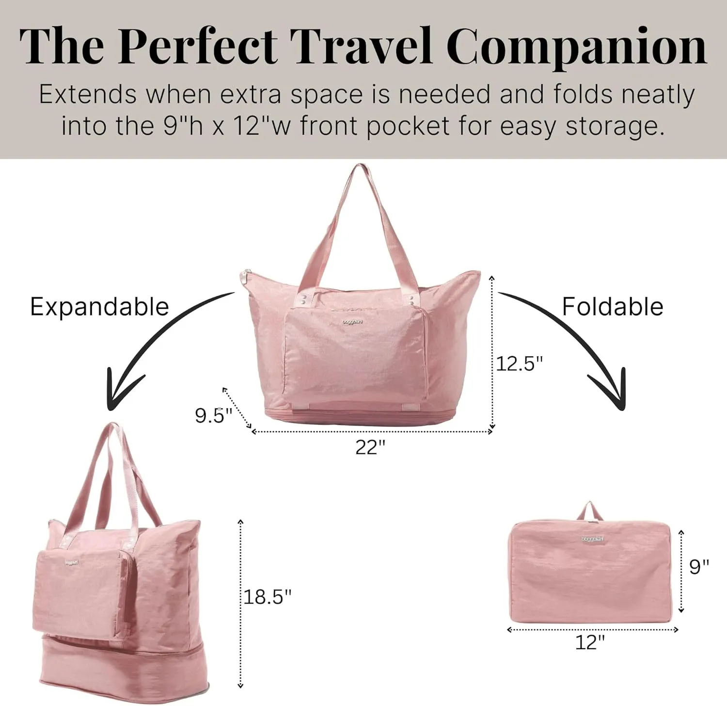 Baggallini Carryall Expandable Lightweight Travel Tote 22" Packable Folding Compact Nylon Washable Weekender w/Luggage Sleeve