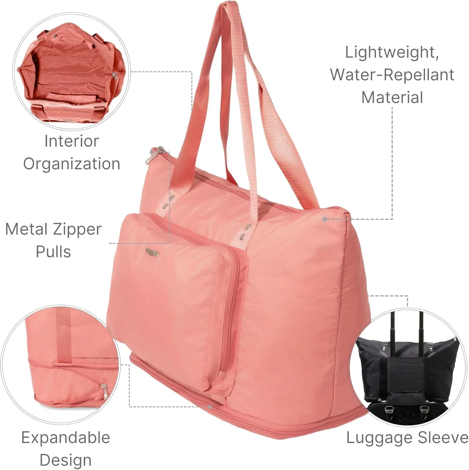 Baggallini Carryall Expandable Lightweight Travel Tote 22" Packable Folding Compact Nylon Washable Weekender w/Luggage Sleeve