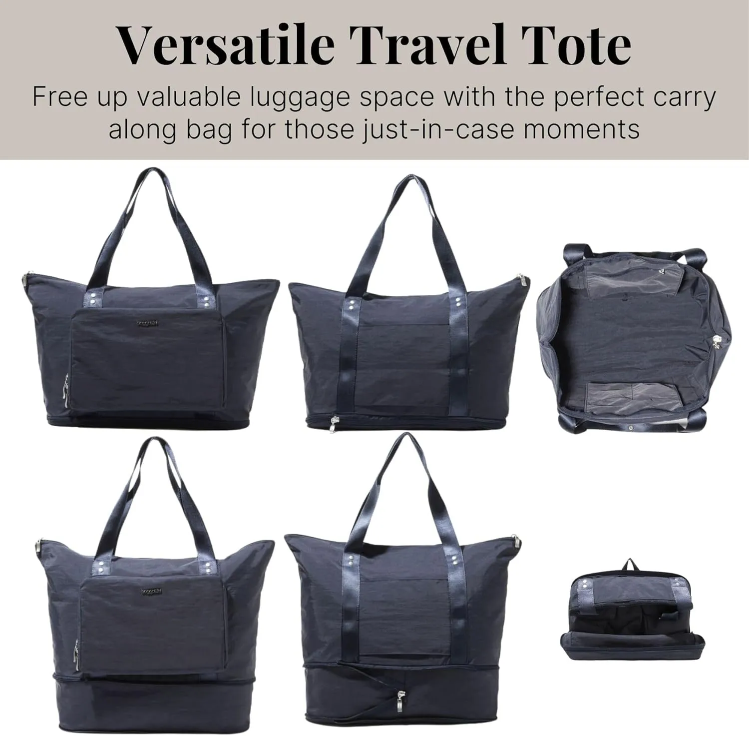 Baggallini Carryall Expandable Lightweight Travel Tote 22" Packable Folding Compact Nylon Washable Weekender w/Luggage Sleeve