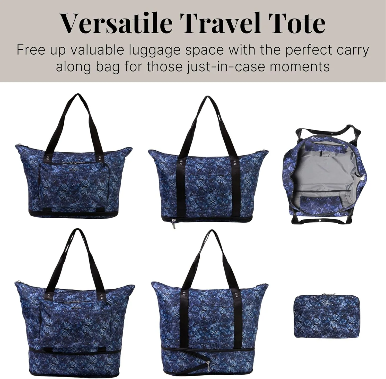 Baggallini Carryall Expandable Lightweight Travel Tote 22" Packable Folding Compact Nylon Washable Weekender w/Luggage Sleeve