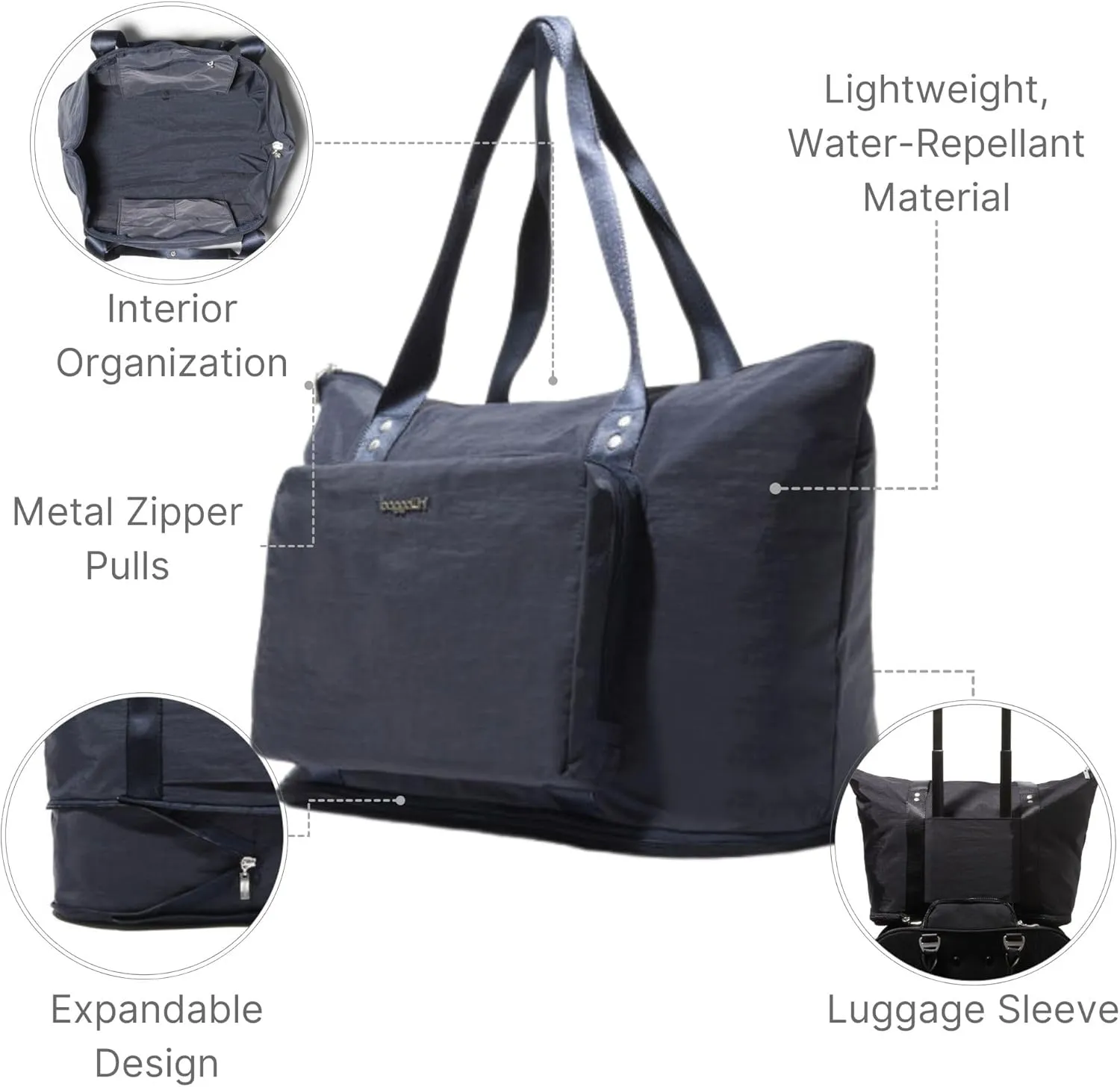 Baggallini Carryall Expandable Lightweight Travel Tote 22" Packable Folding Compact Nylon Washable Weekender w/Luggage Sleeve