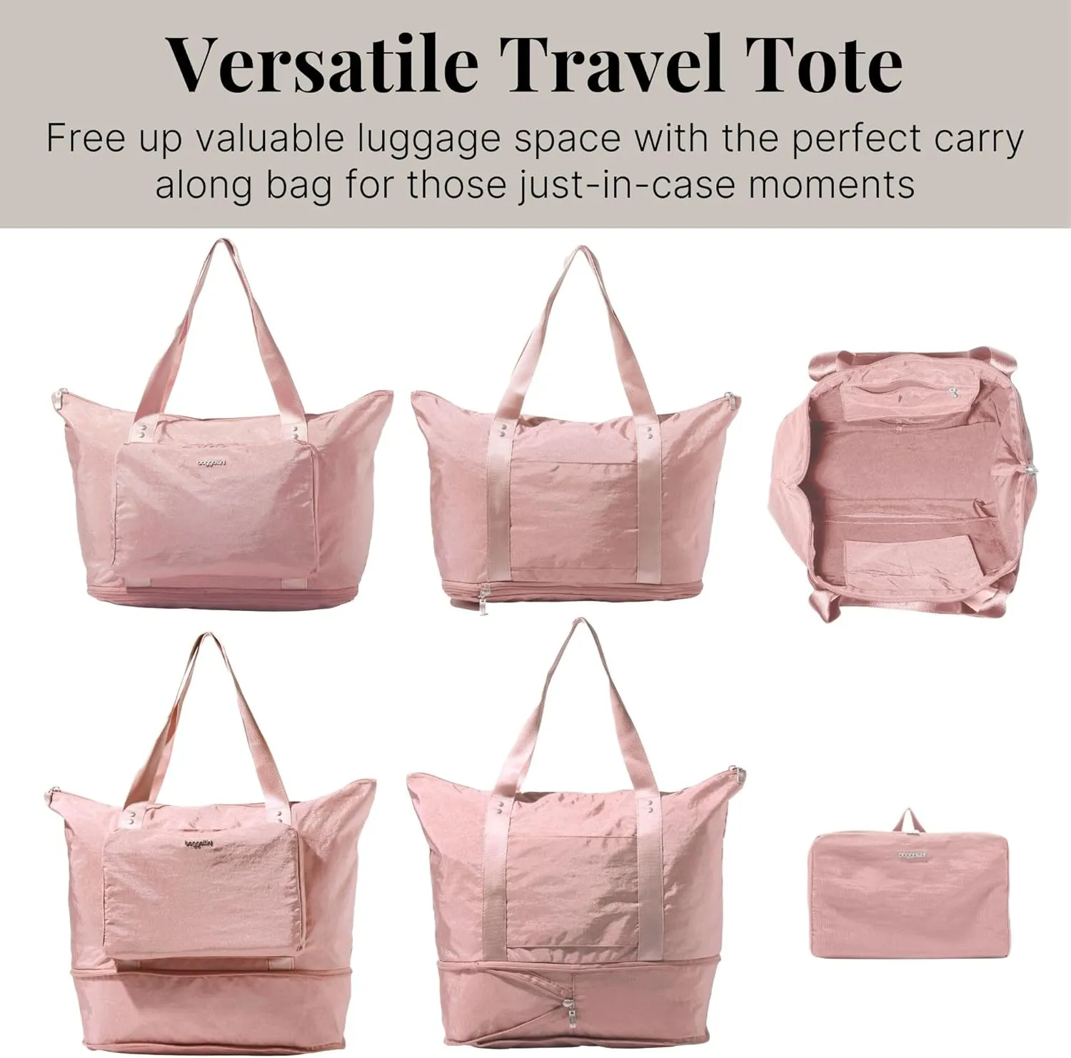 Baggallini Carryall Expandable Lightweight Travel Tote 22" Packable Folding Compact Nylon Washable Weekender w/Luggage Sleeve