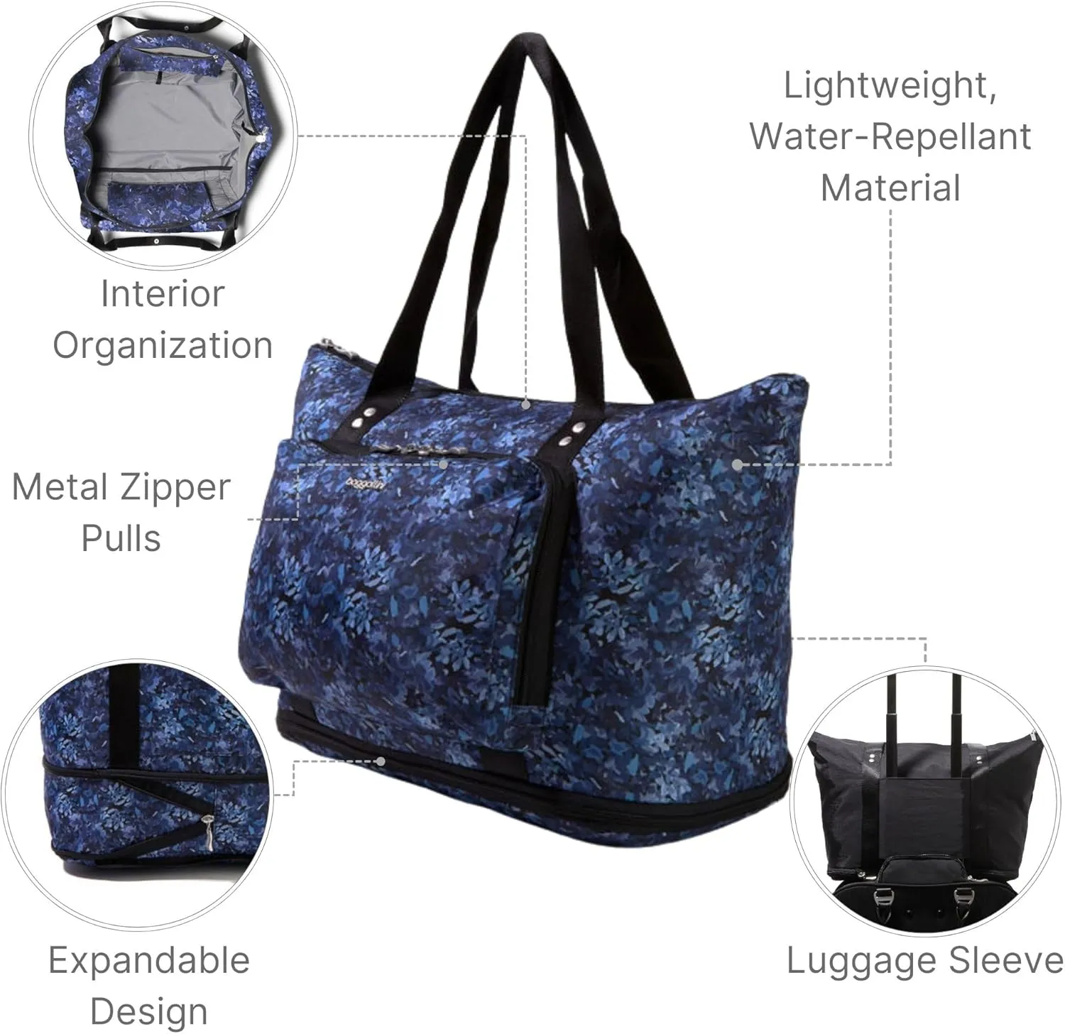 Baggallini Carryall Expandable Lightweight Travel Tote 22" Packable Folding Compact Nylon Washable Weekender w/Luggage Sleeve