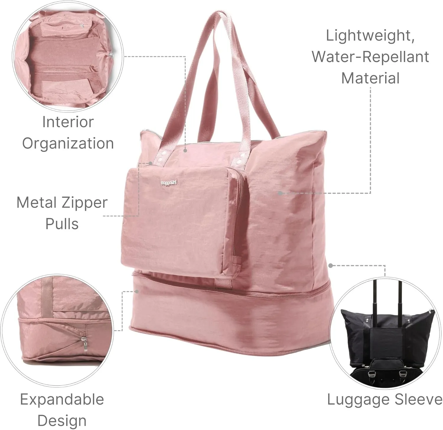 Baggallini Carryall Expandable Lightweight Travel Tote 22" Packable Folding Compact Nylon Washable Weekender w/Luggage Sleeve