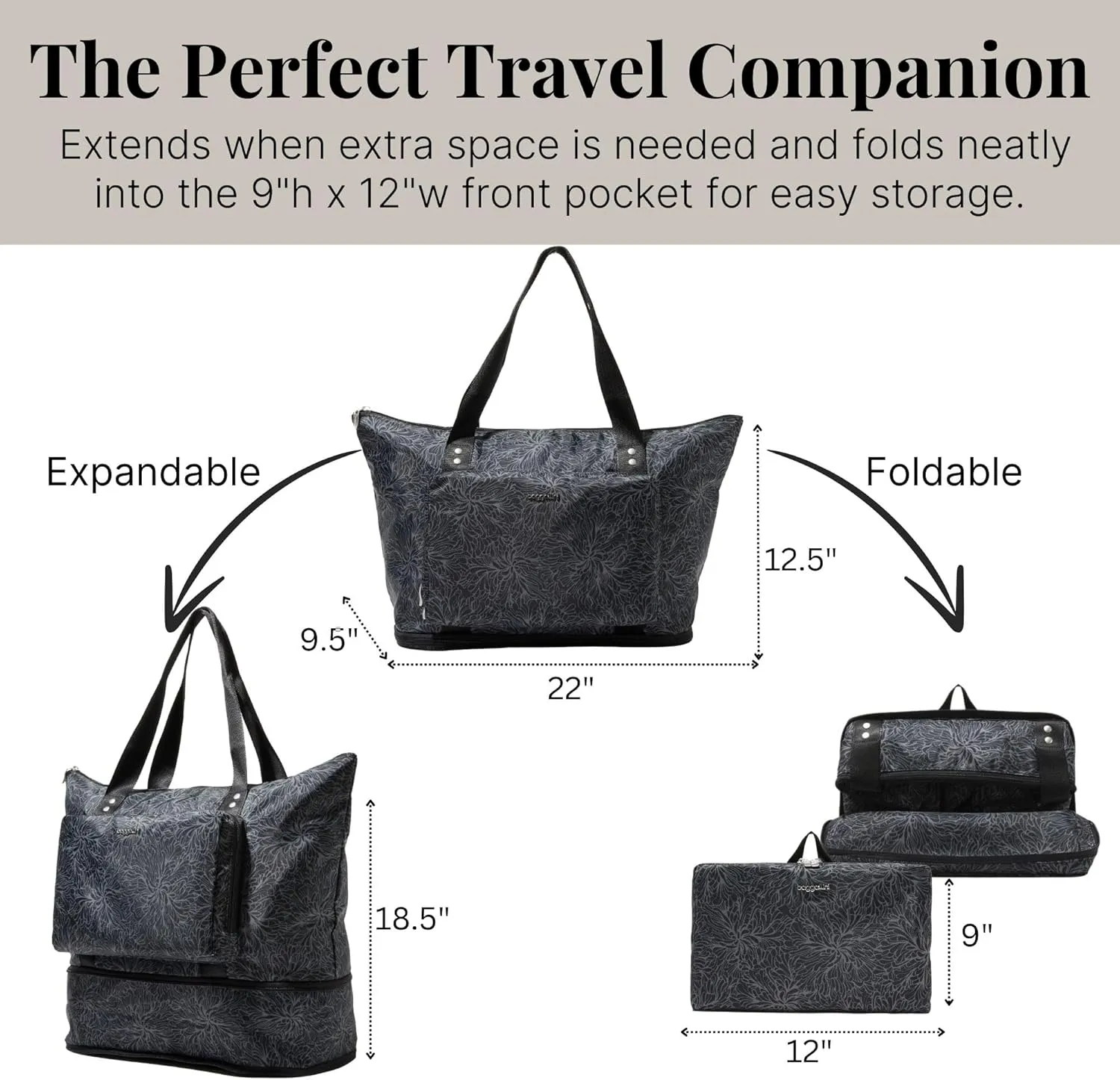 Baggallini Carryall Expandable Lightweight Travel Tote 22" Packable Folding Compact Nylon Washable Weekender w/Luggage Sleeve