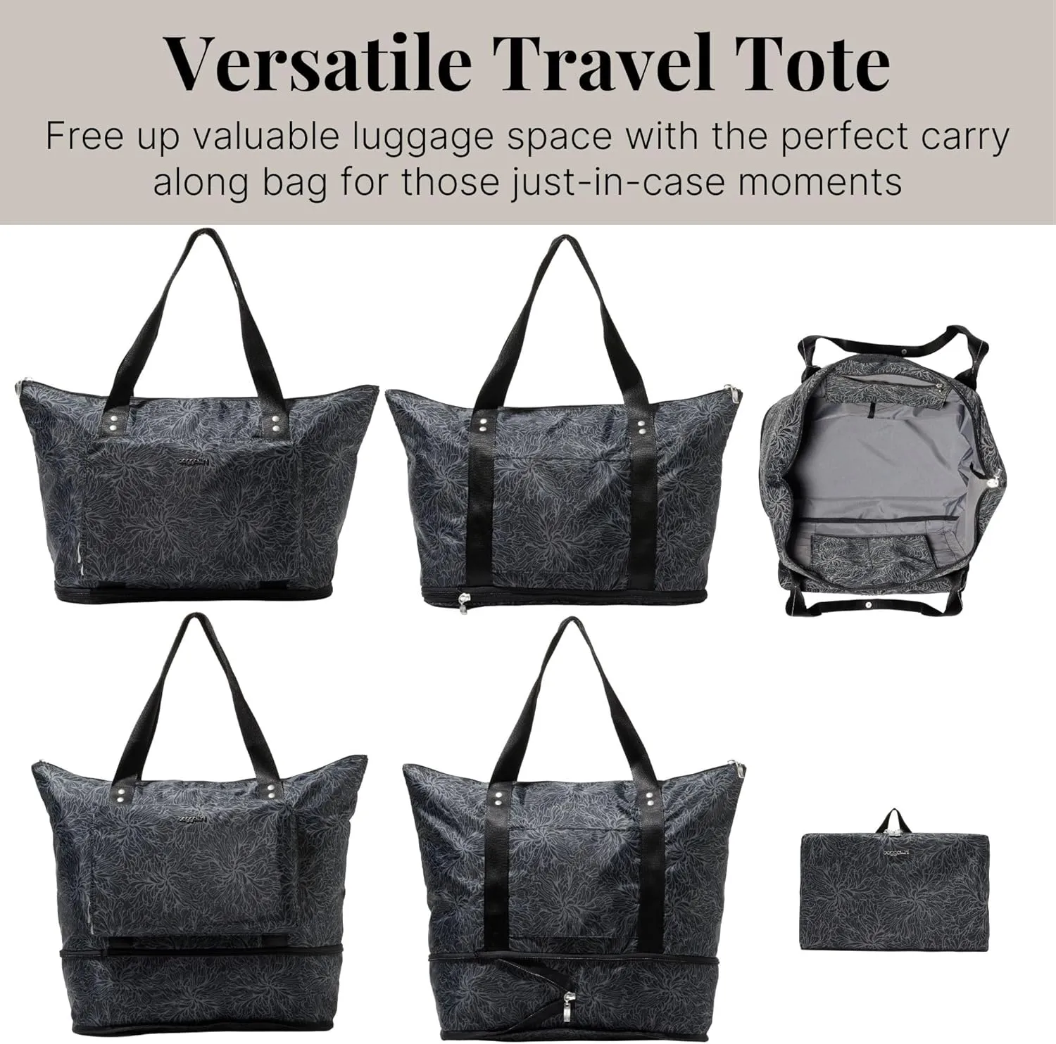 Baggallini Carryall Expandable Lightweight Travel Tote 22" Packable Folding Compact Nylon Washable Weekender w/Luggage Sleeve