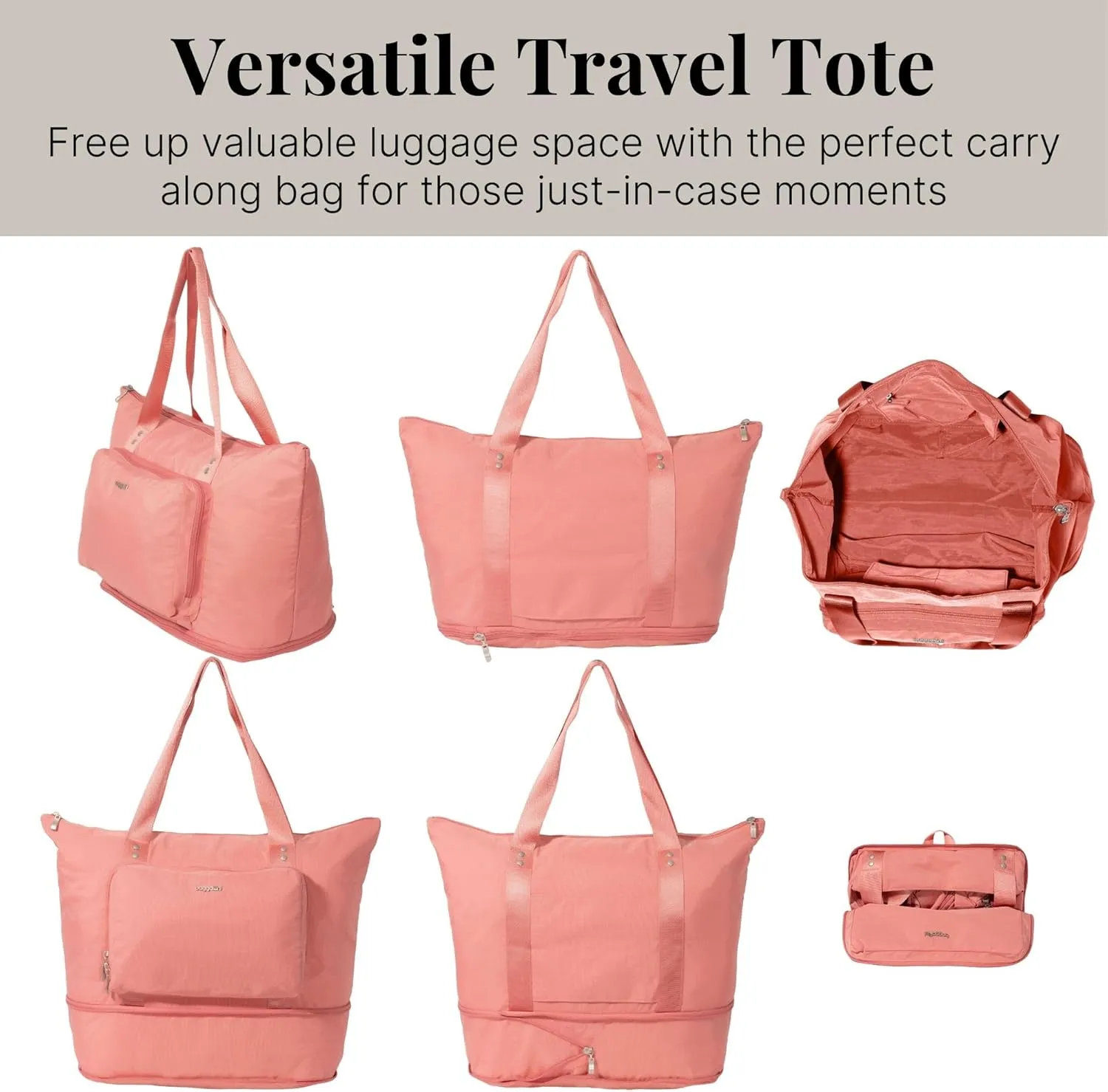 Baggallini Carryall Expandable Lightweight Travel Tote 22" Packable Folding Compact Nylon Washable Weekender w/Luggage Sleeve