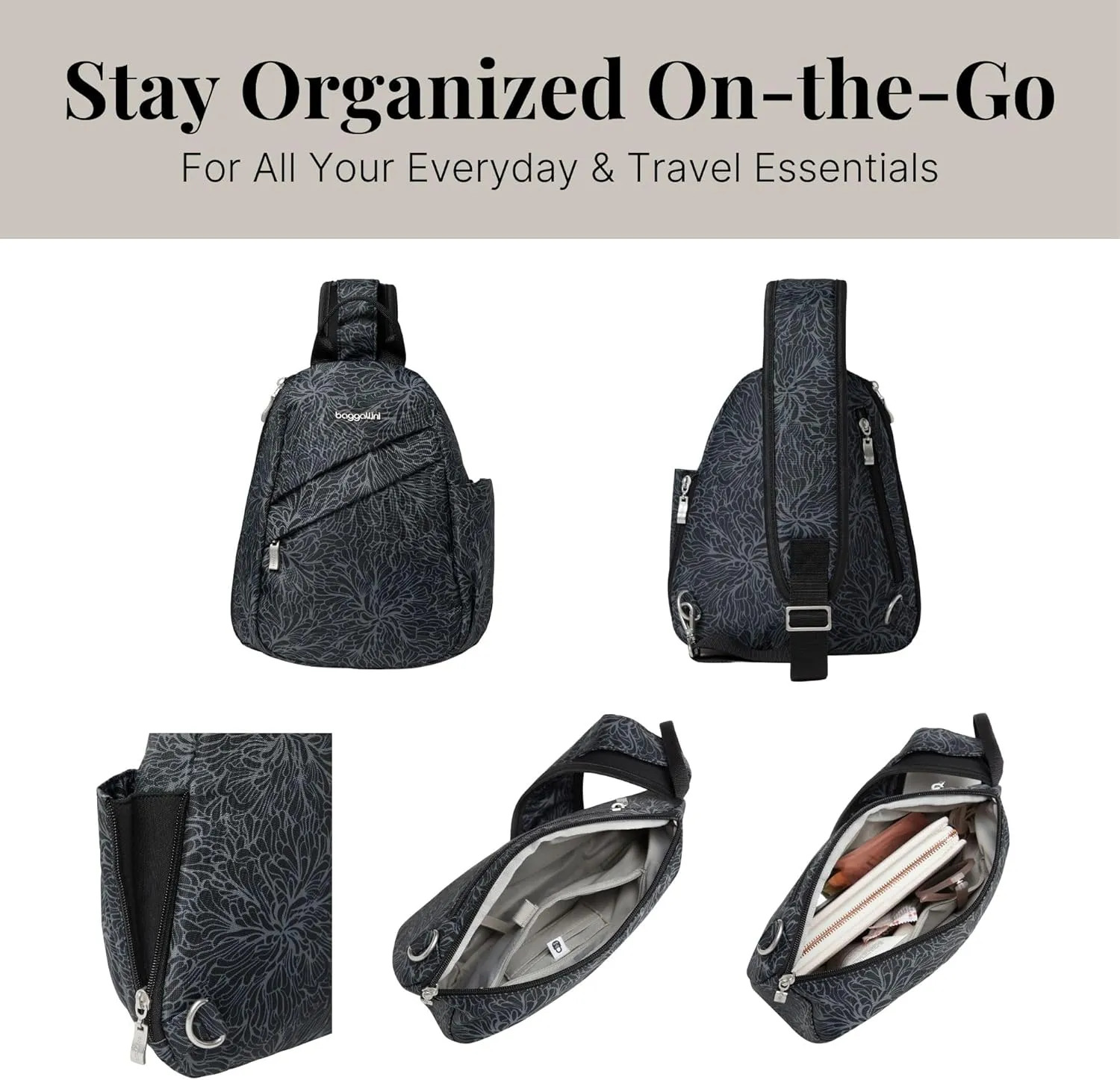Baggallini Medium Sling Backpack - Lightweight Sling Bag with Convertible Adjustable Shoulder Strap