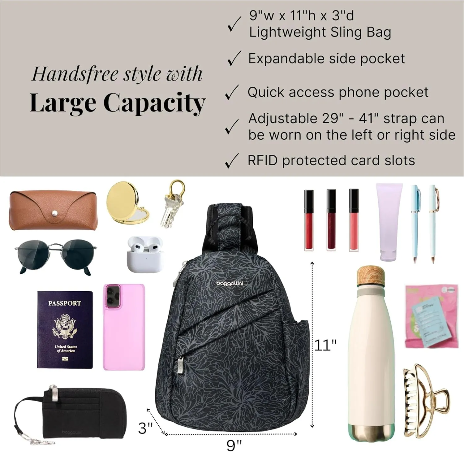 Baggallini Medium Sling Backpack - Lightweight Sling Bag with Convertible Adjustable Shoulder Strap
