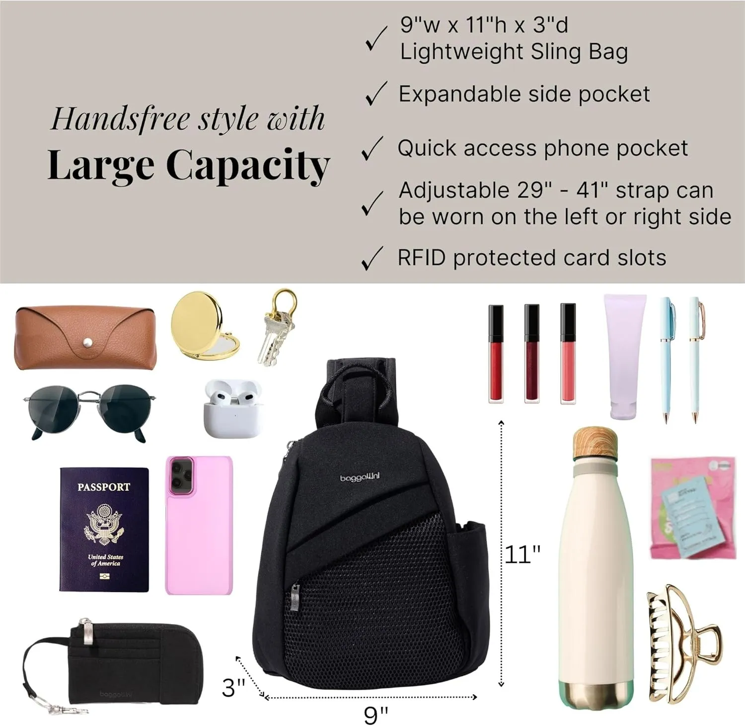 Baggallini Medium Sling Backpack - Lightweight Sling Bag with Convertible Adjustable Shoulder Strap