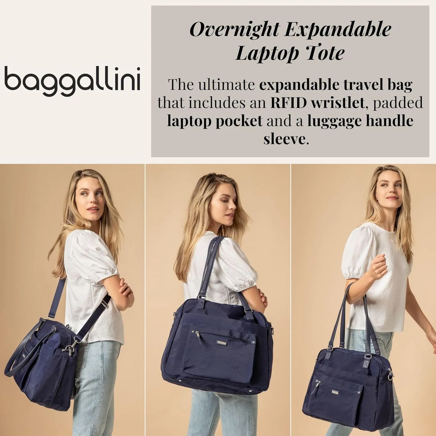 Baggallini Overnight Expandable Laptop Tote - Lightweight Travel Bag for Women