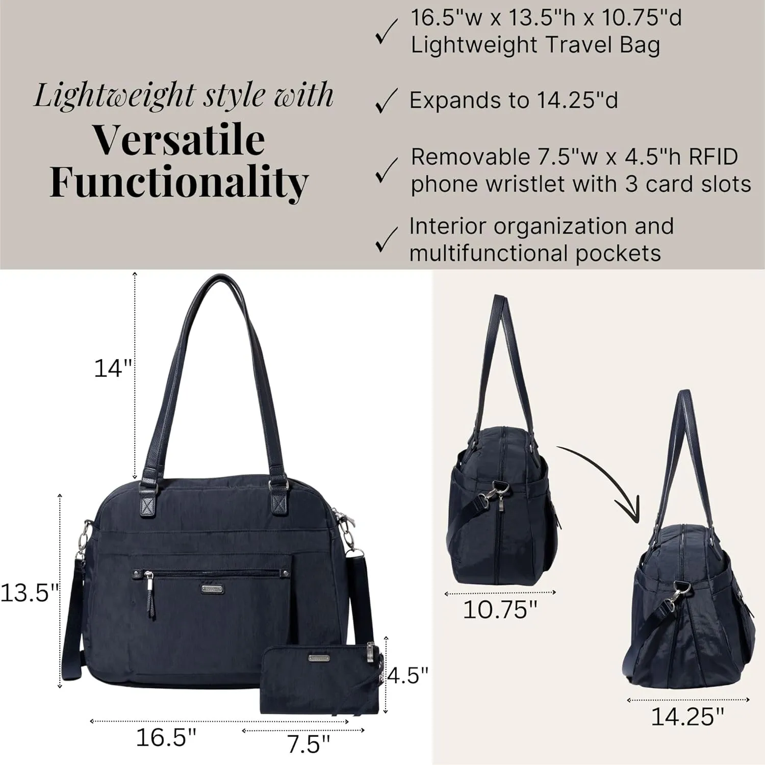 Baggallini Overnight Expandable Laptop Tote - Lightweight Travel Bag for Women