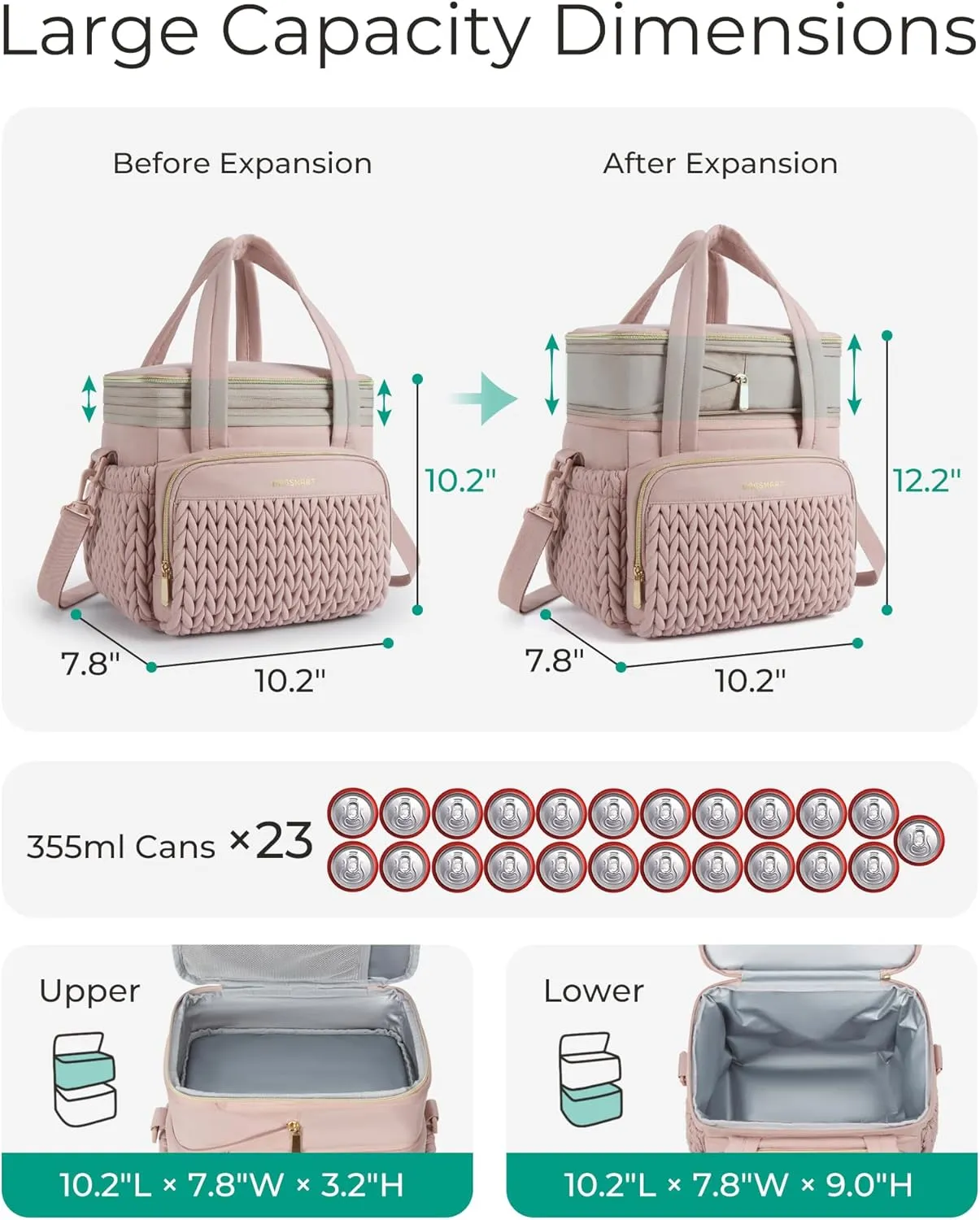 BAGSMART Insulated Lunch Box for Women, Double Deck Leakproof Cooler Bag with Expandable Design for Office Work & Outdoor Picnic