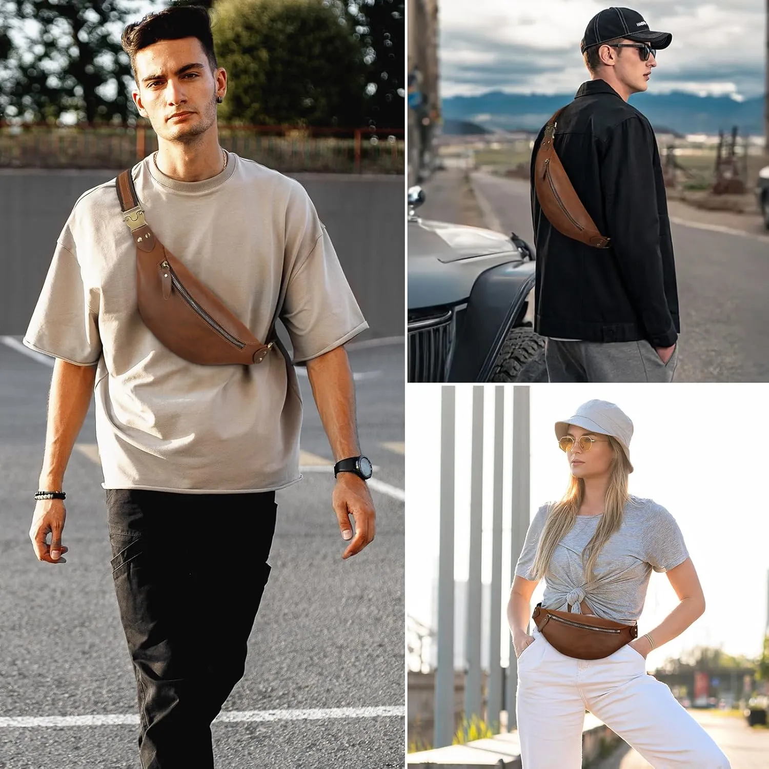 BAIGIO Leather Fanny Pack for Men & Women Belt Bag Vintage Waist Bag Bum Bag Fashion Crossbody Waist Pack Sling Bag for Travel