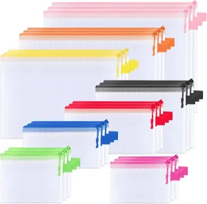 BALEINE 24PK Mesh Zipper Pouch Bags, Waterproof Clear Zipper Bags, Multiple Colors Plastic Mesh Bag File Bag for Organization, Suitable for Office Supplies, Home, Travel (24 PK, Multi 8 Sizes)