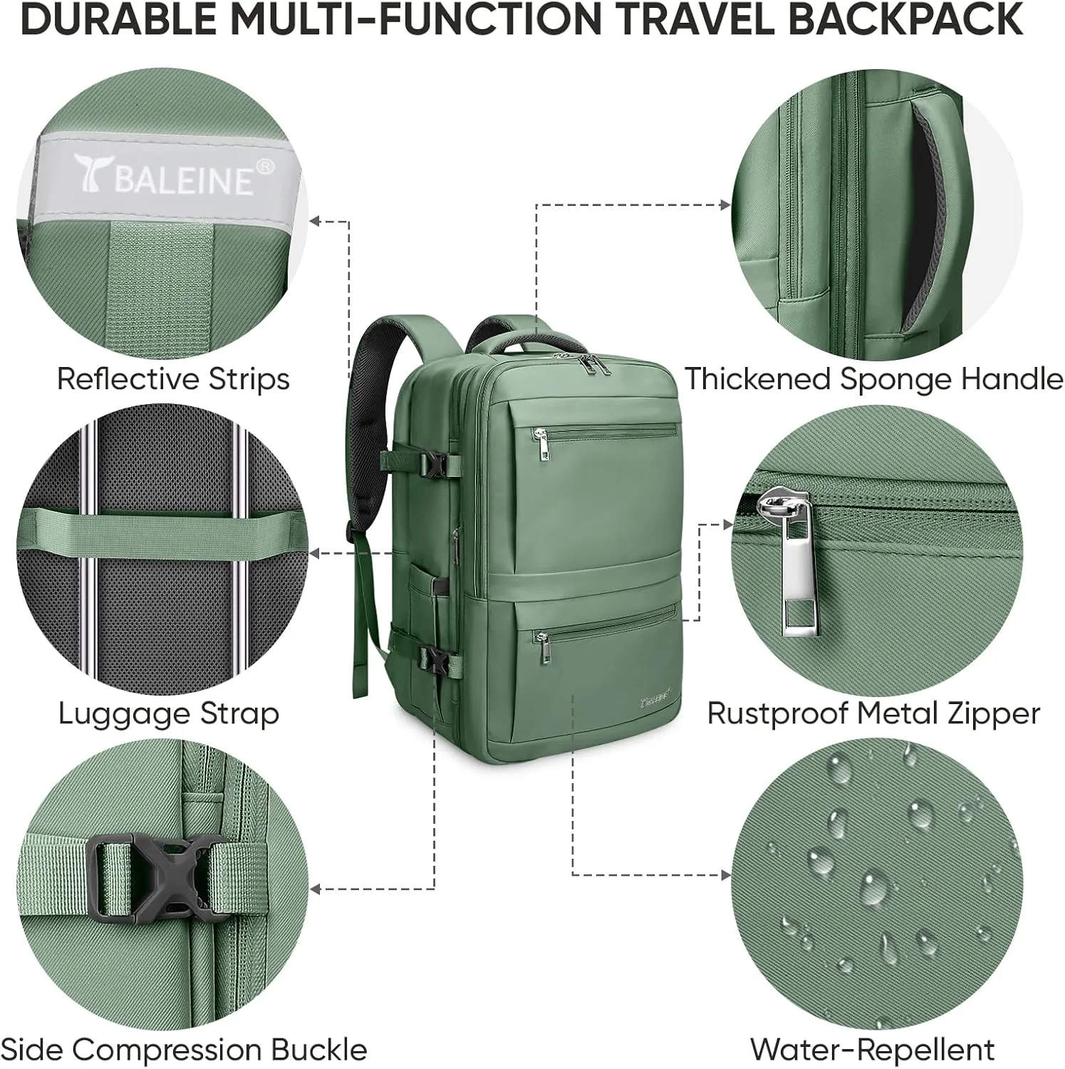 BALEINE Travel Backpack for Women Men, Large Sturdy Carry On Laptop Backpack Gifts for Business, Casual, Weekender, Hiking (XL, Olive Green)