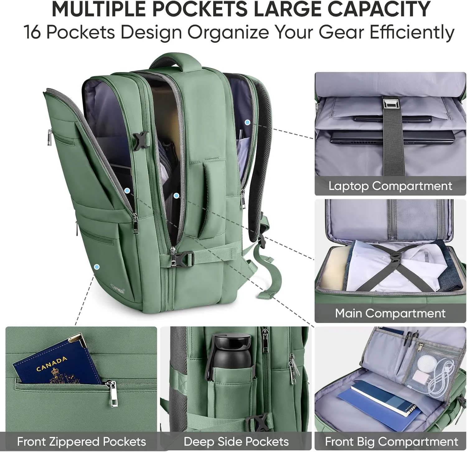 BALEINE Travel Backpack for Women Men, Large Sturdy Carry On Laptop Backpack Gifts for Business, Casual, Weekender, Hiking (XL, Olive Green)