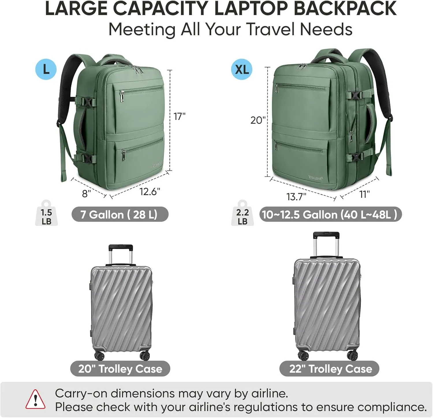 BALEINE Travel Backpack for Women Men, Large Sturdy Carry On Laptop Backpack Gifts for Business, Casual, Weekender, Hiking (XL, Olive Green)