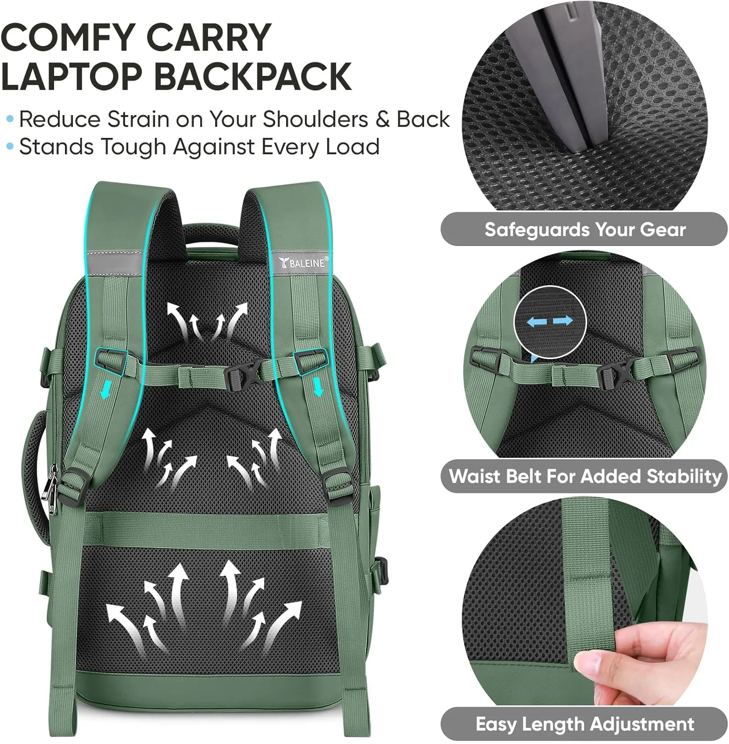 BALEINE Travel Backpack for Women Men, Large Sturdy Carry On Laptop Backpack Gifts for Business, Casual, Weekender, Hiking (XL, Olive Green)