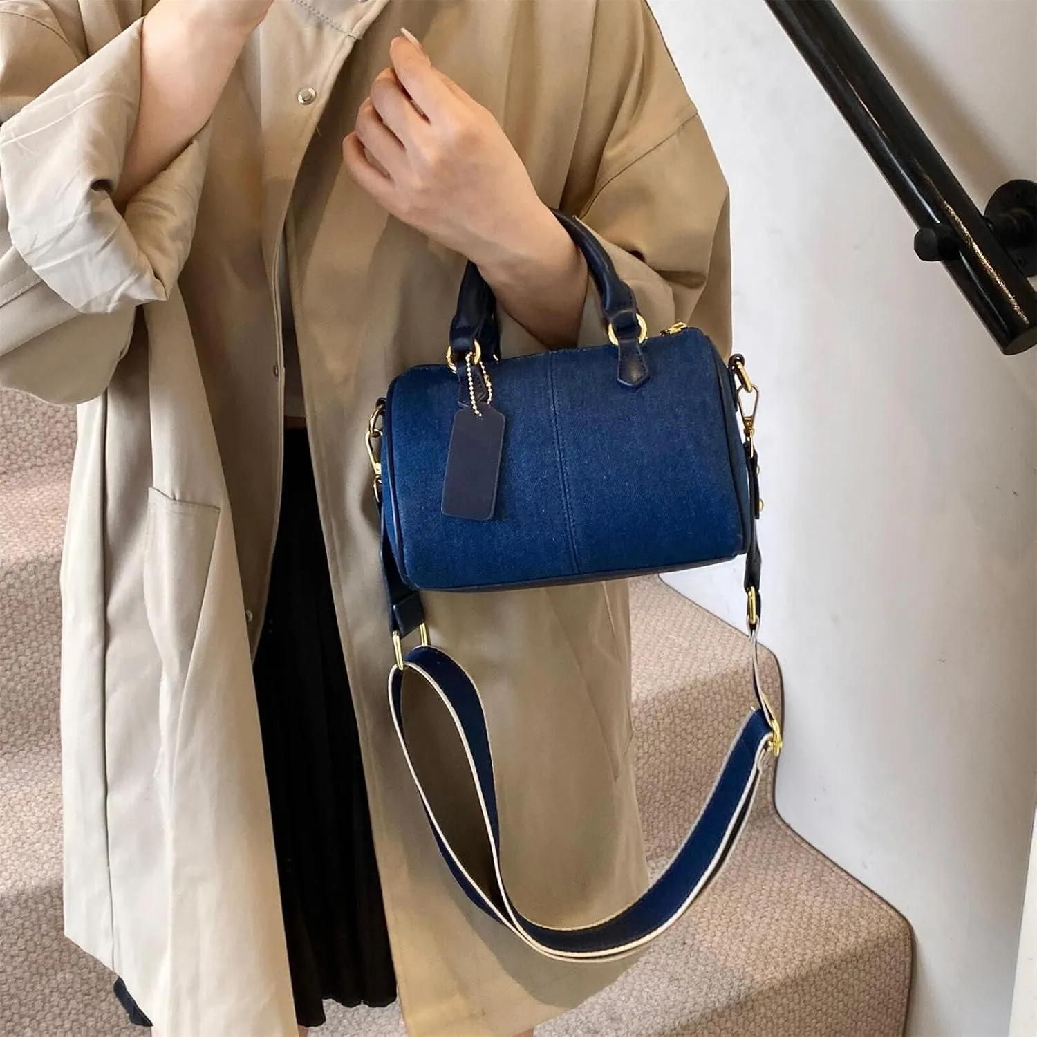 Barrel-shaped Denim Handbag and Purse Women Small Tote Shoulder Crossbody Bag with Guitar Adjustable Shoulder Strap