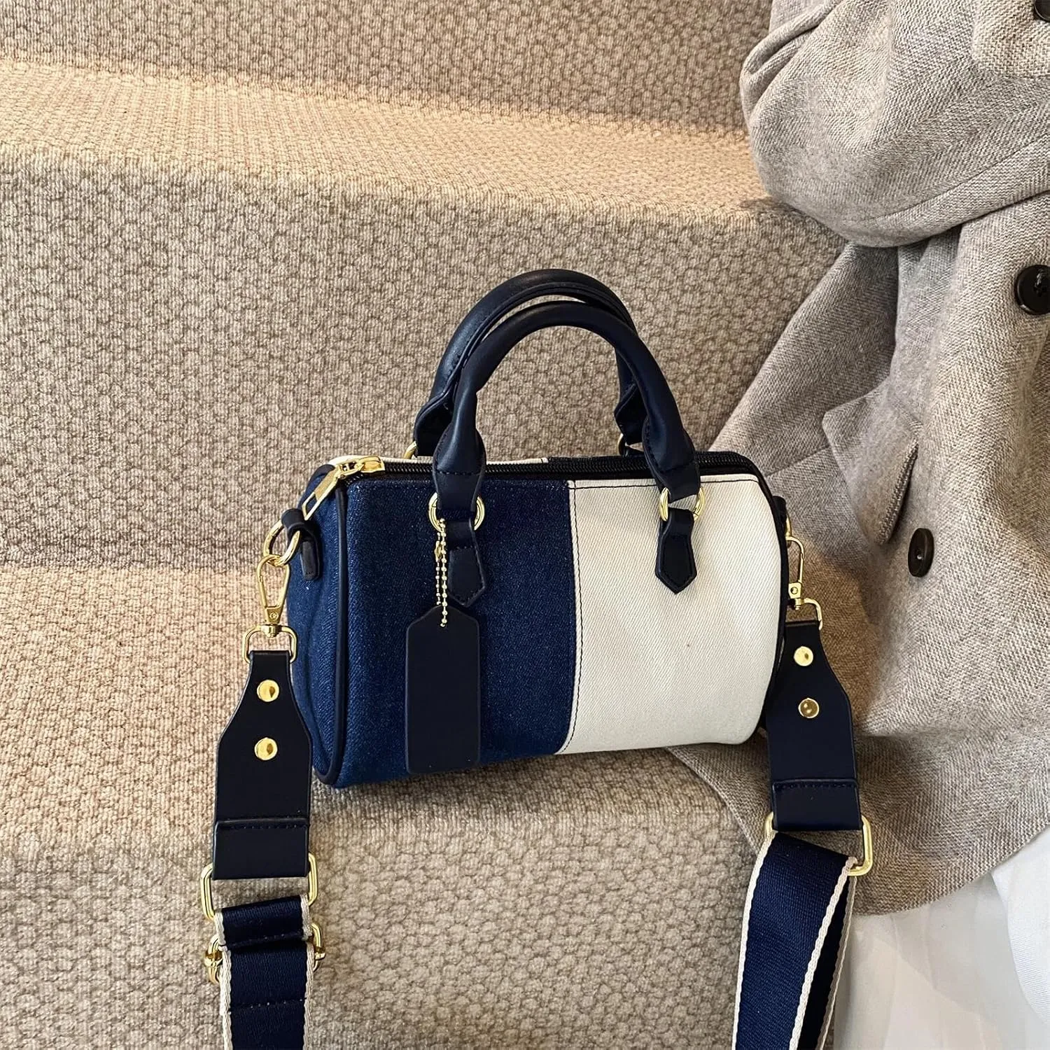 Barrel-shaped Denim Handbag and Purse Women Small Tote Shoulder Crossbody Bag with Guitar Adjustable Shoulder Strap